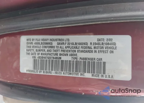 2002 Subaru Outback z USA, uszkodzony, nr VIN 4S3BH675227648536